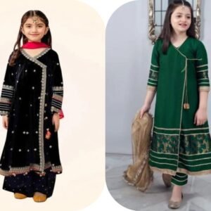 Girls Embroidered 3 Piece Suit – Black & Green Traditional Dress with Dupatta (Ages 1–12 Years)