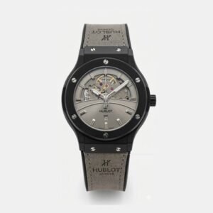 Luxury Black Skeleton Dial Watch for Men – Grey Leather Strap, Stainless Steel Case